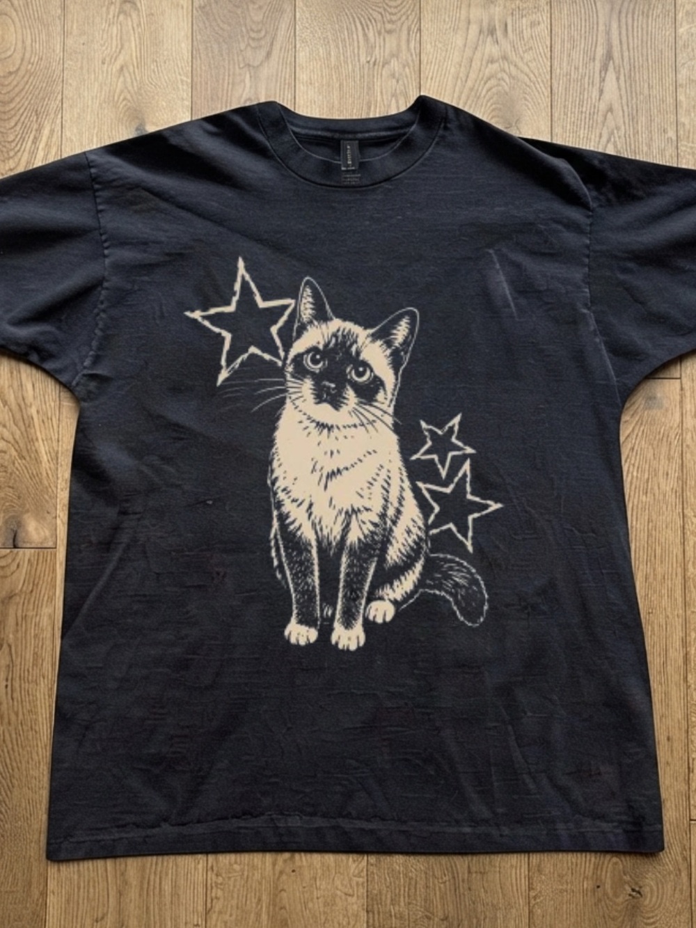 Gildan Black Tee with Cream Cat & Star Graphic